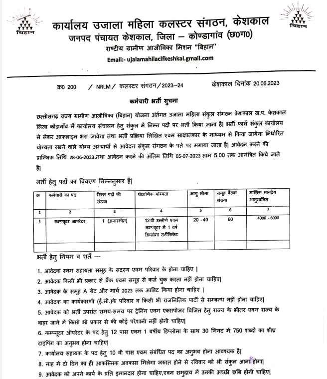 Kondagaon Computer Operator Recruitment 2023