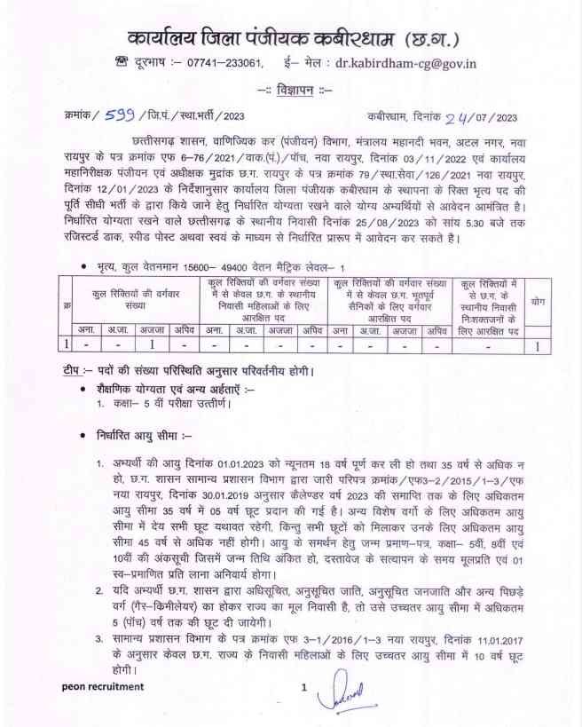 Kabirdham Peon Recruitment 2023