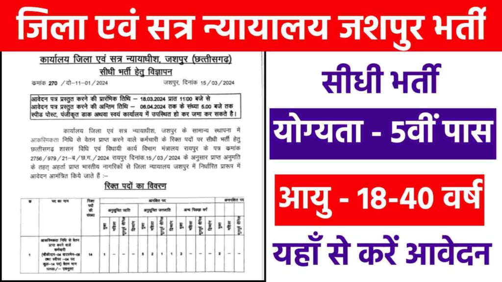 Jashpur 5th Pass Vacancy 2024