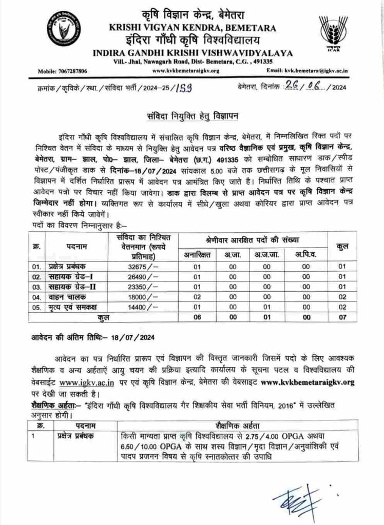 KVK Bemetara Recruitment 2024