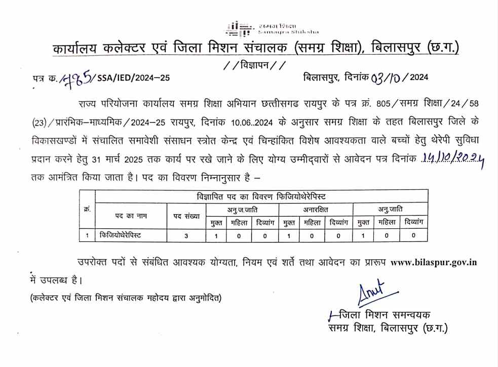 Bilaspur Physiotherapist Vacancy 2024